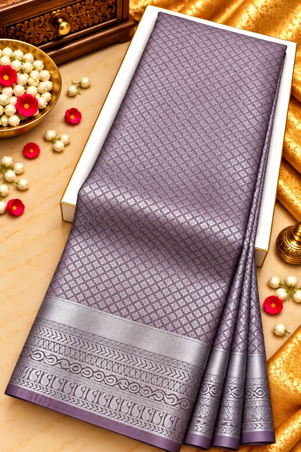 Dusty Mauve Silver Zari Semi Kanchipuram Silk Saree